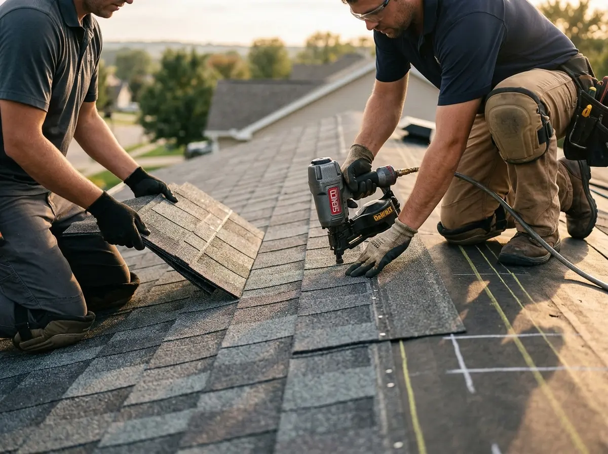 Professional roofer working on a residential roof in Wellston